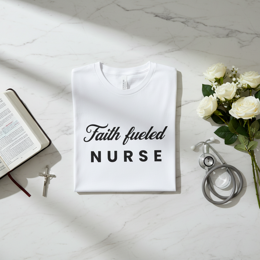 Folded shirt on marble with Bible, cross, flowers, stethoscope
