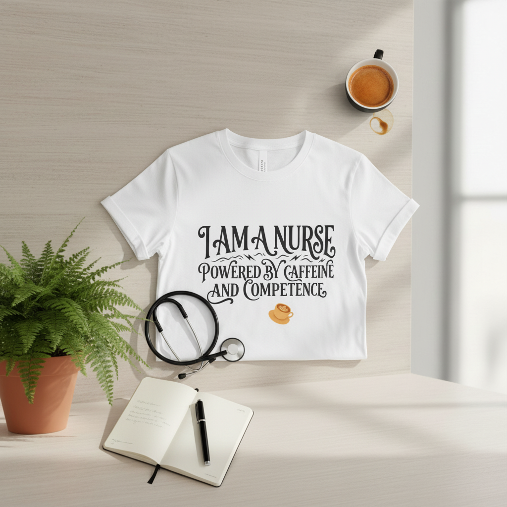 Folded shirt on marble with coffee cup, stethoscope, notebook