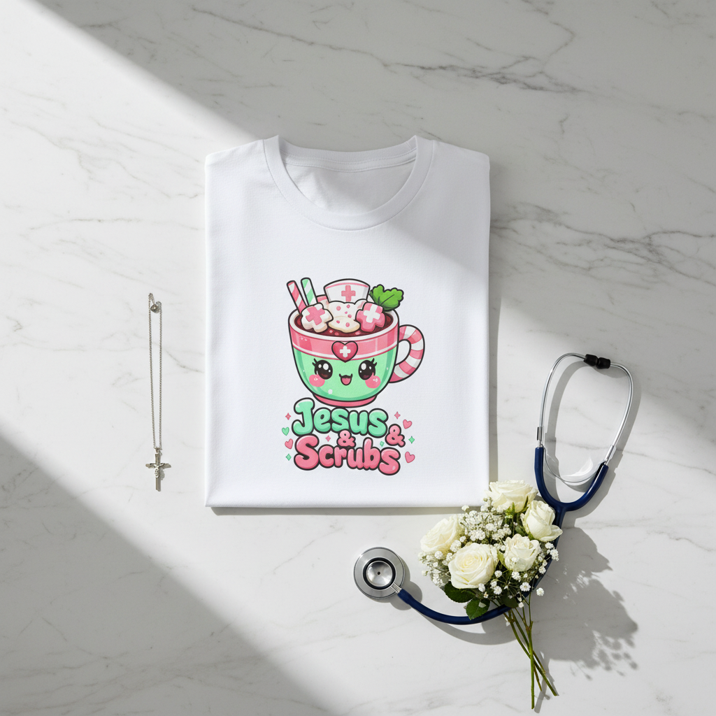 Folded shirt on marble with cross, white flowers, stethoscope