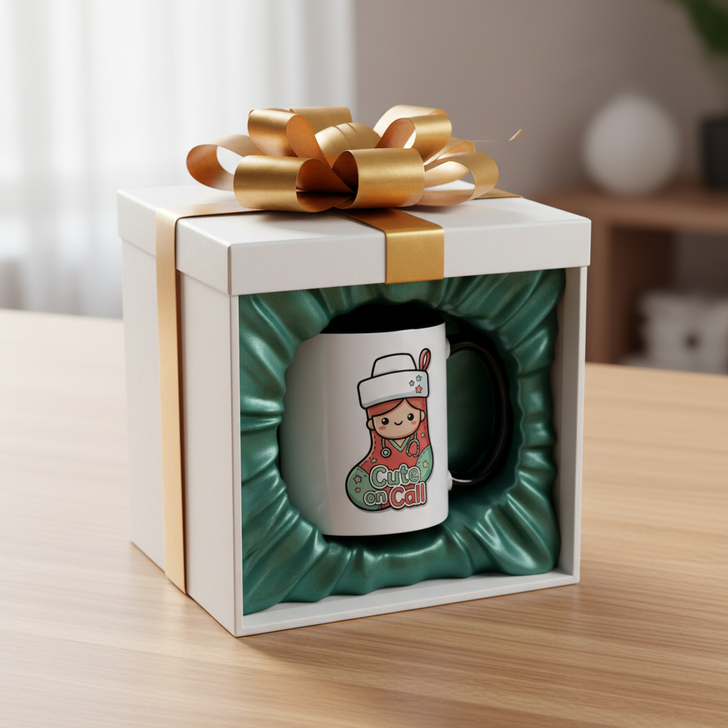 Mug in elegant white box with emerald silk and gold ribbon