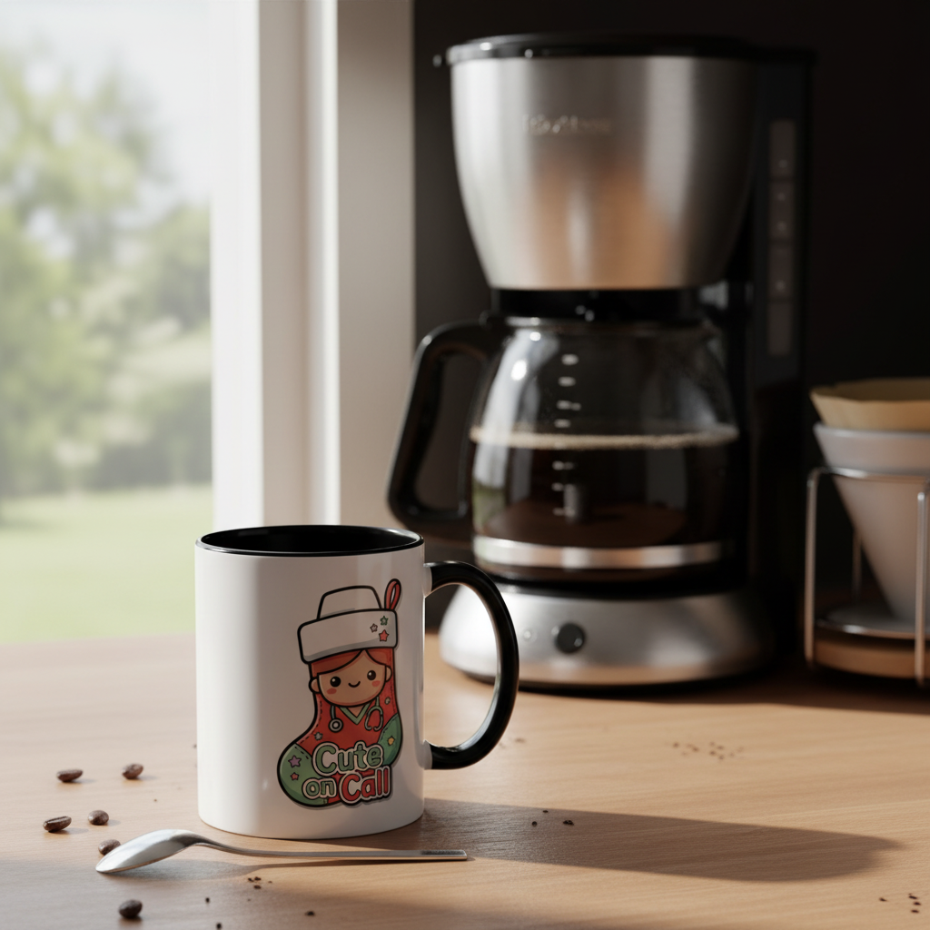 Mug on kitchen counter with coffee maker in background