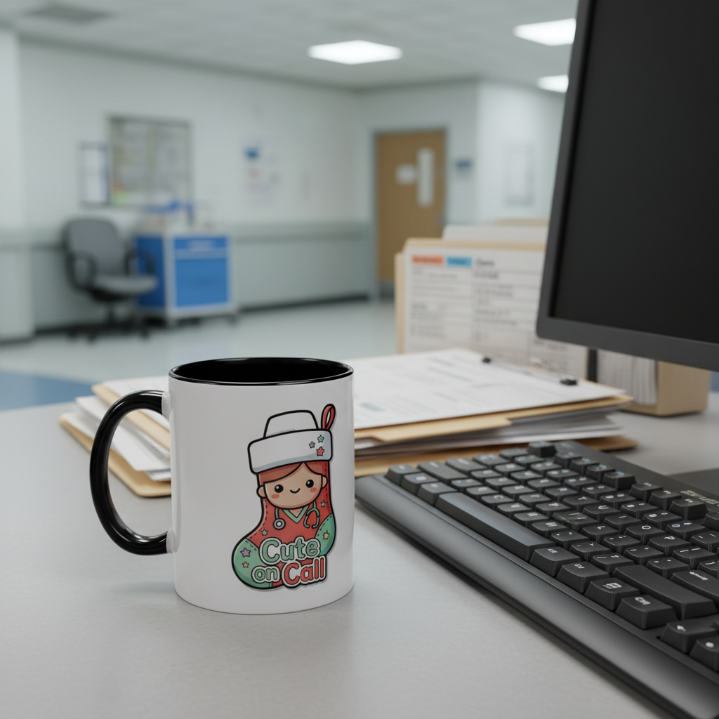 Mug on nurse station desk with charts and keyboard