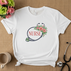 Natural beige floral tee on jute with flowers, stethoscope, coffee