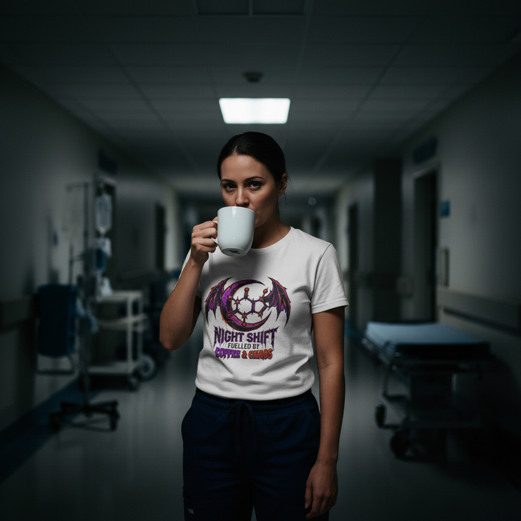 Night nurse at 3am in dim corridor with coffee, tired but determined