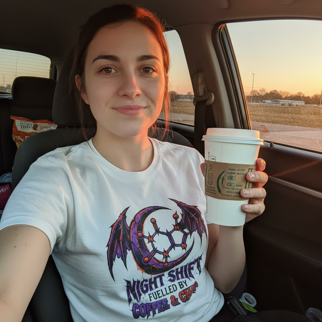 Night nurse sunrise selfie with coffee, exhausted but proud