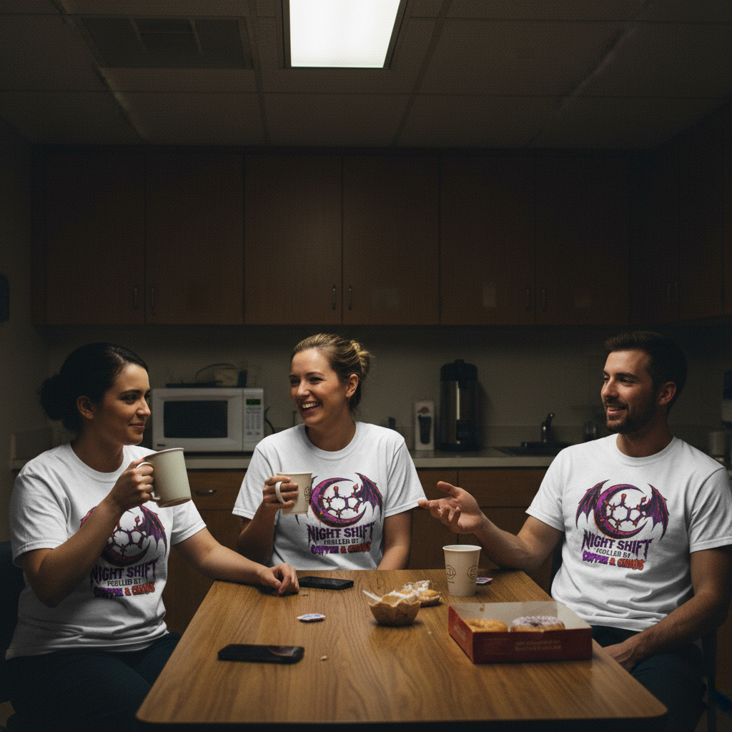 Night nurses in dimly lit break room sharing coffee