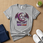 Night Shift Caffeine & Chaos gothic design on heather grey tee flat lay