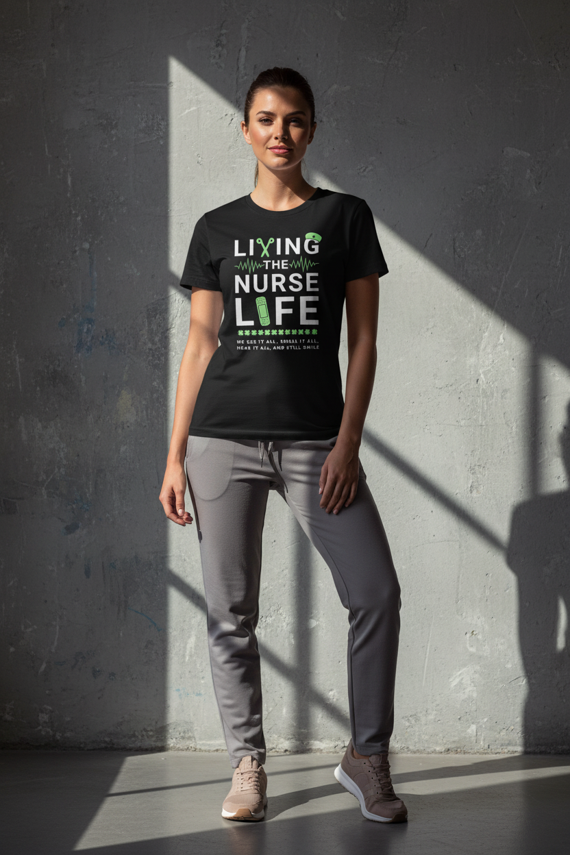 Nurse against concrete wall with dramatic natural light and shadows