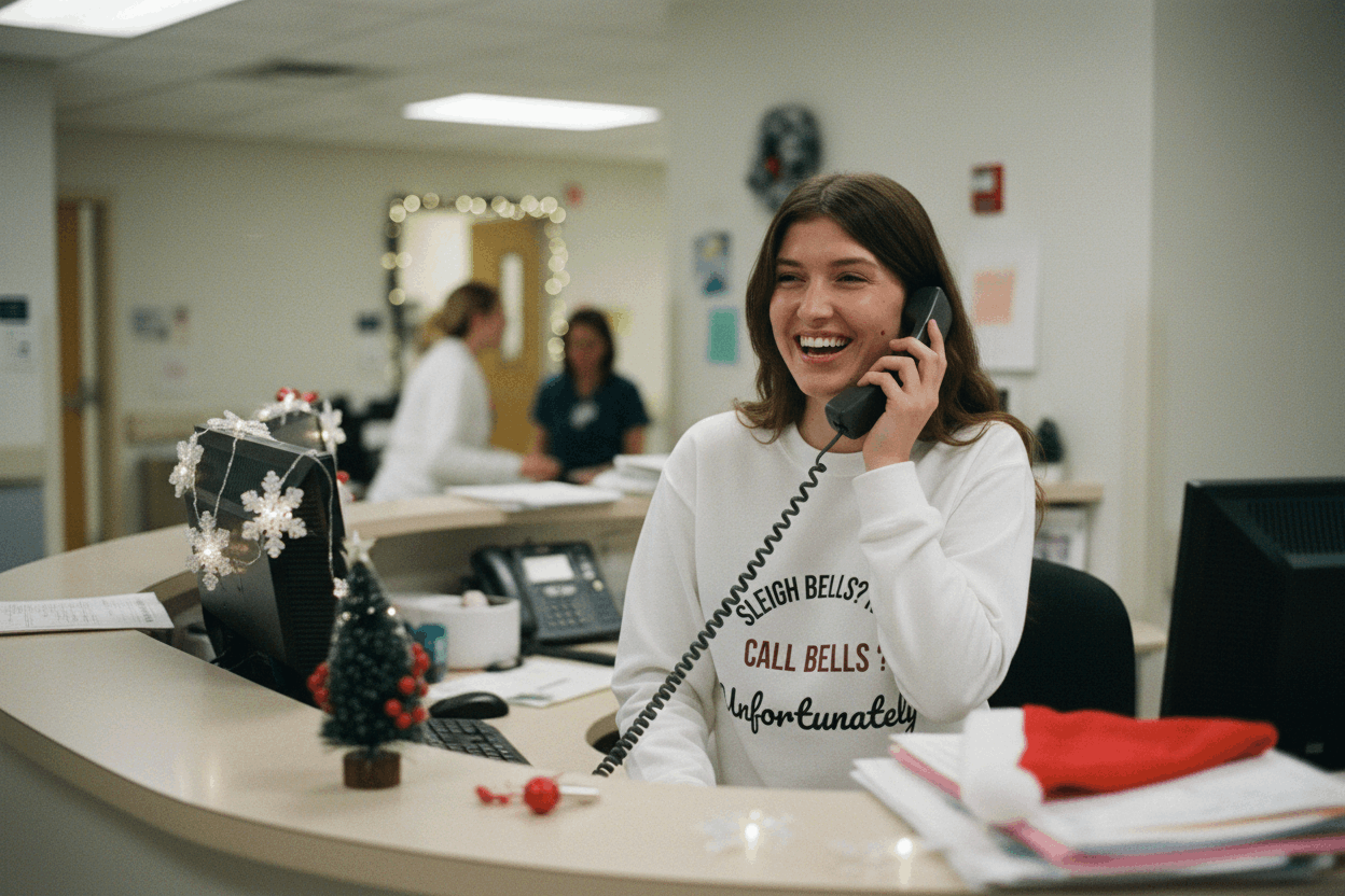 Nurse at station answering call bell with genuine smile