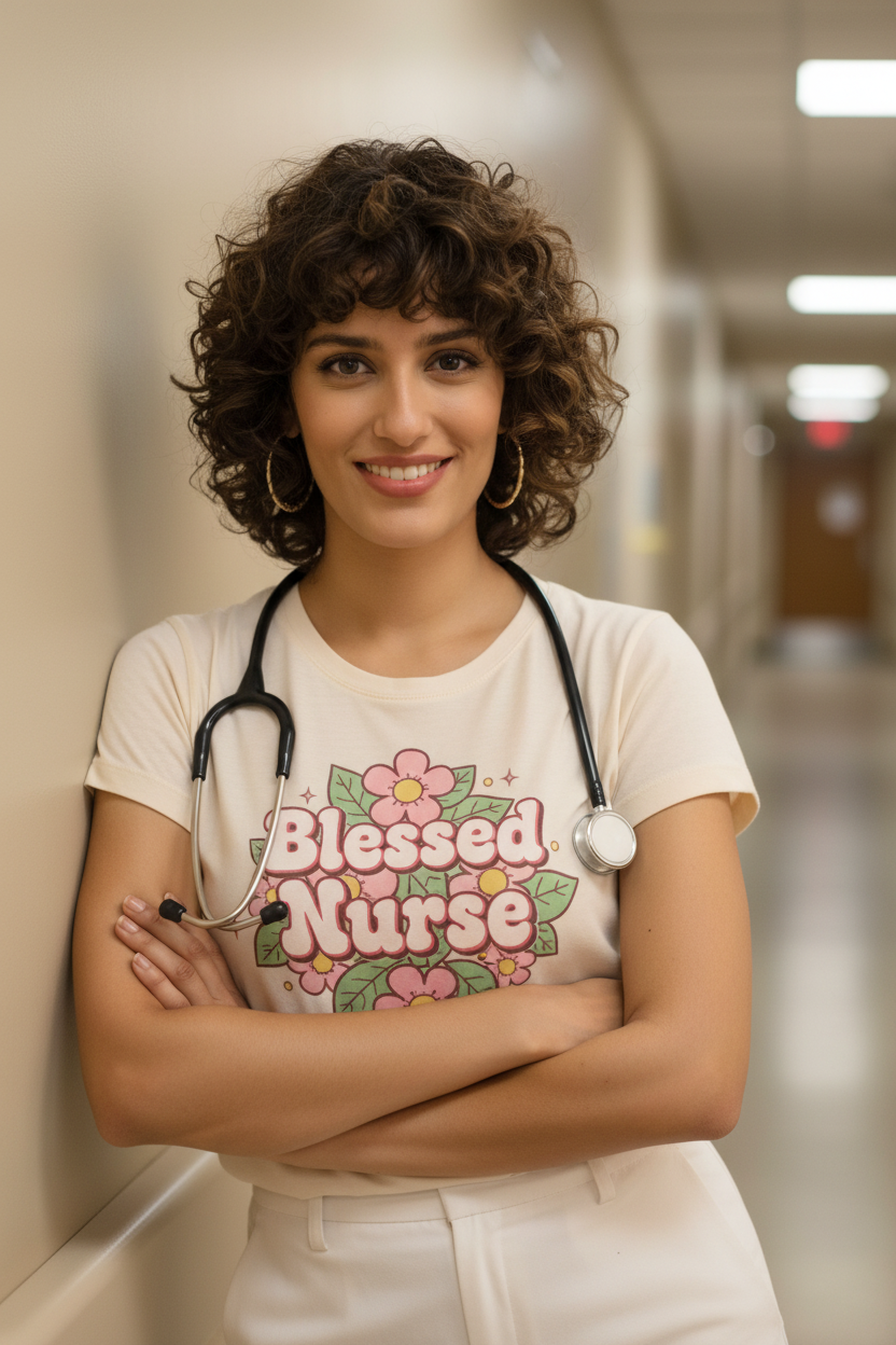 Nurse in Blessed Nurse t-shirt - confident pose