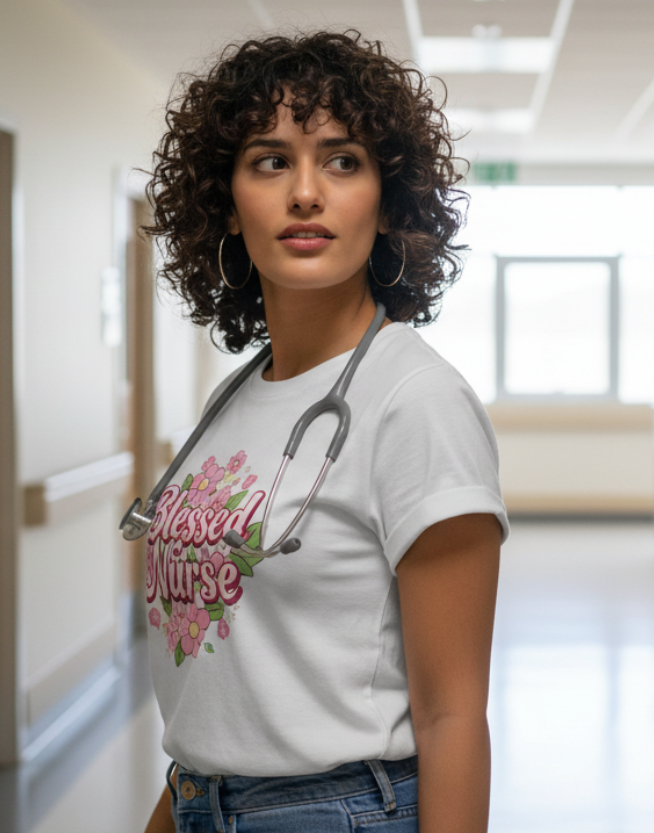 Nurse in Blessed Nurse t-shirt - dynamic shot