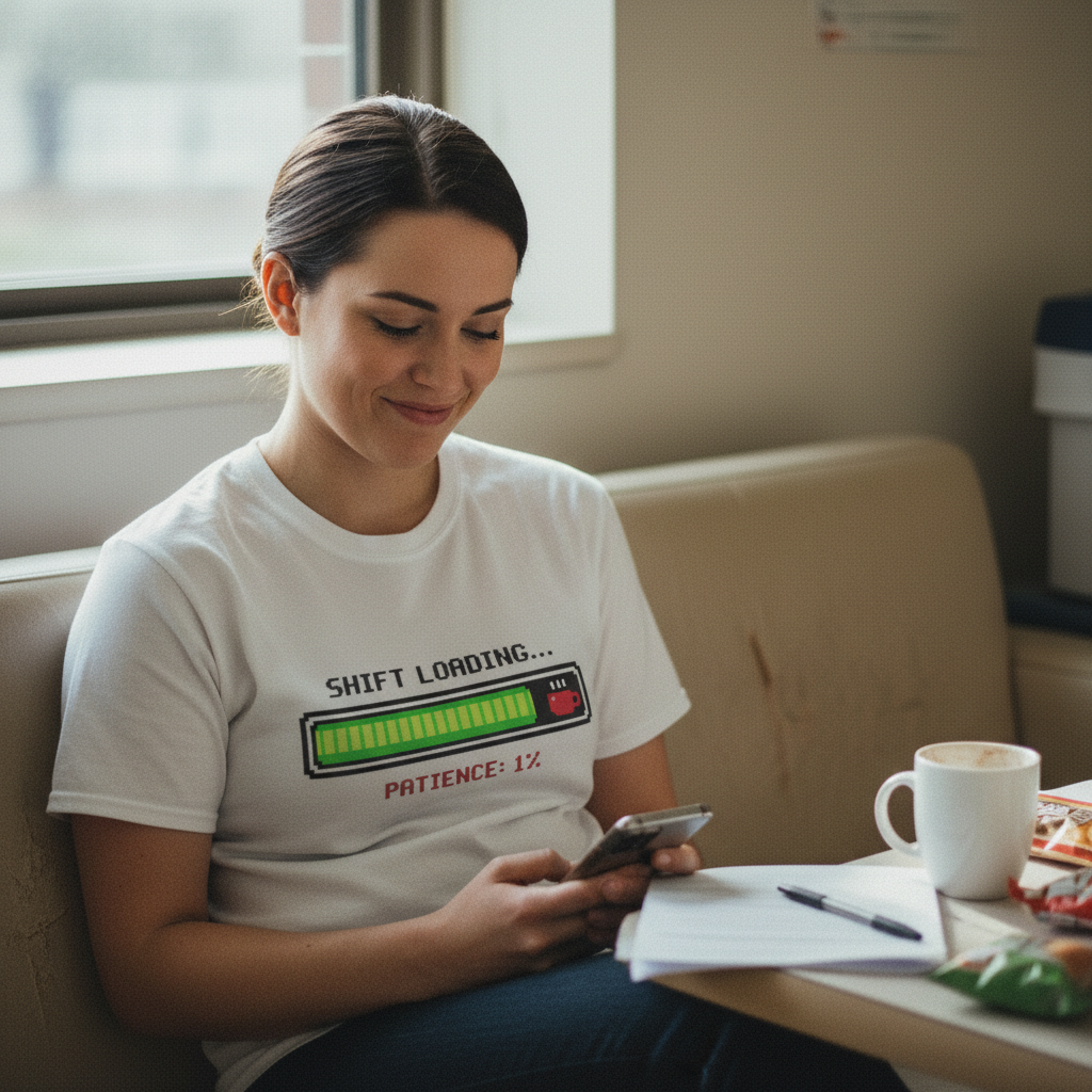 Nurse in break room checking phone with tired knowing smirk