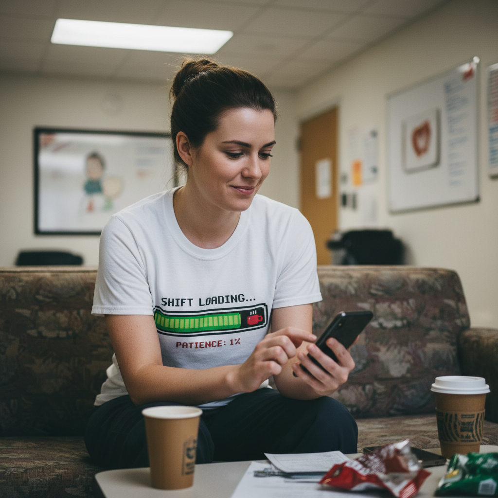 Nurse in break room with knowing smirk checking phone