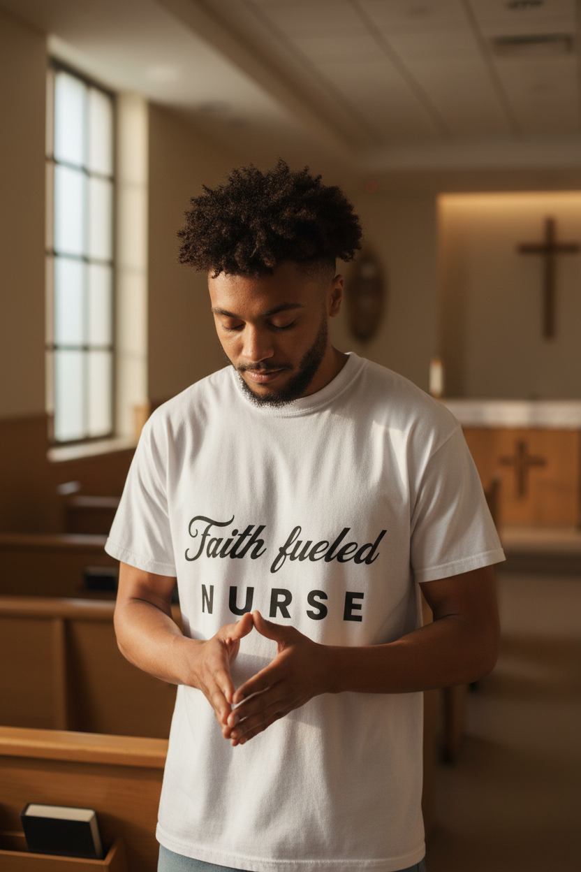 Nurse in quiet hospital chapel moment of prayer