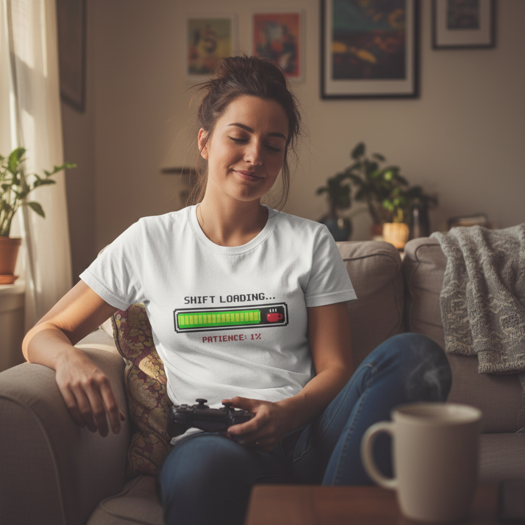 Nurse on couch with controller and coffee after shift