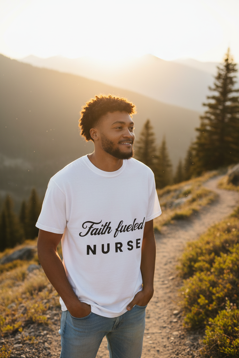 Nurse outdoors in golden hour with ethereal backlight