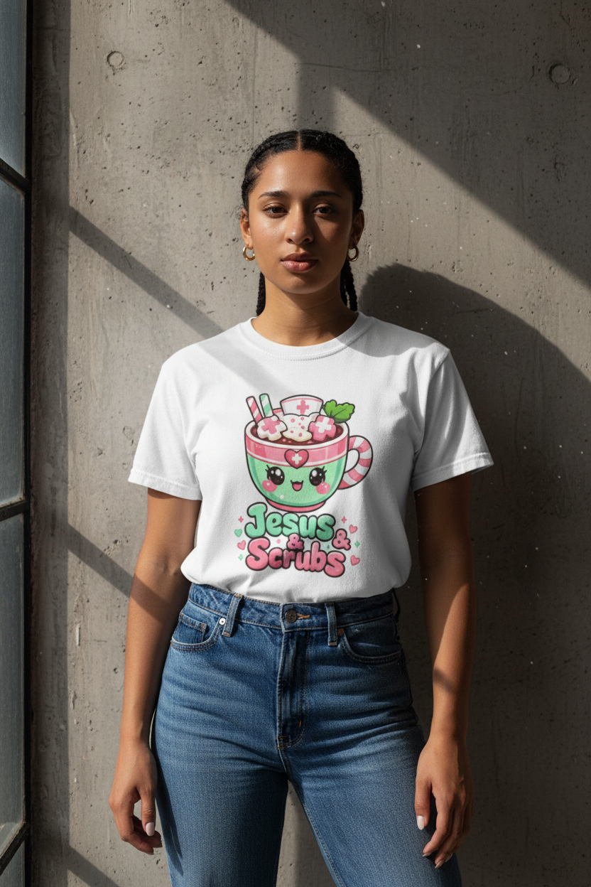 Nurse wearing kawaii shirt against concrete wall with dramatic lighting