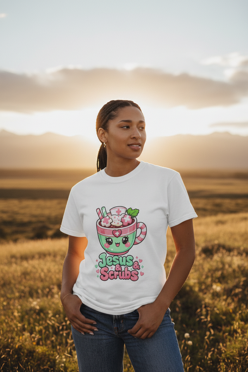 Nurse wearing kawaii shirt outdoors with warm backlight