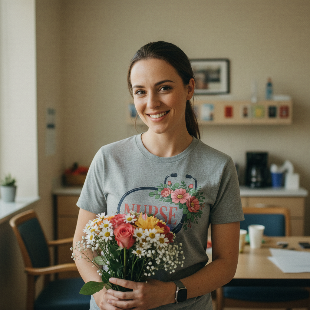 Nurse wearing sport grey floral tee in break room with flowers