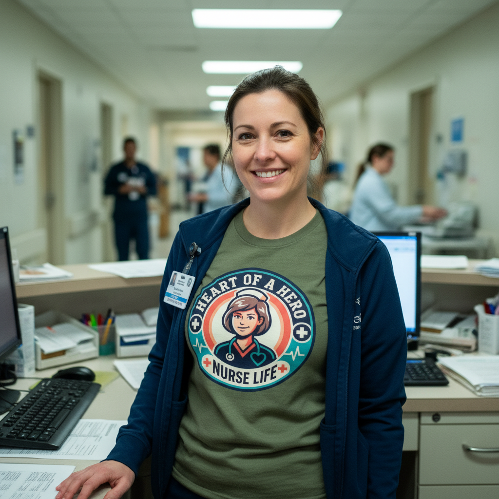 Nurse wearing your exact Heart of a Hero design at station