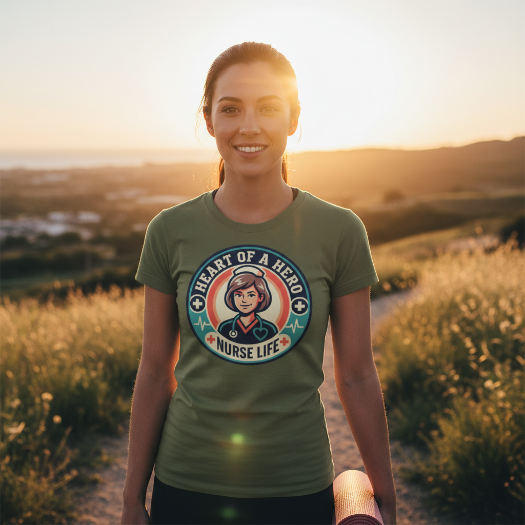 Nurse wearing your exact Heart of a Hero design outdoors with ethereal glow