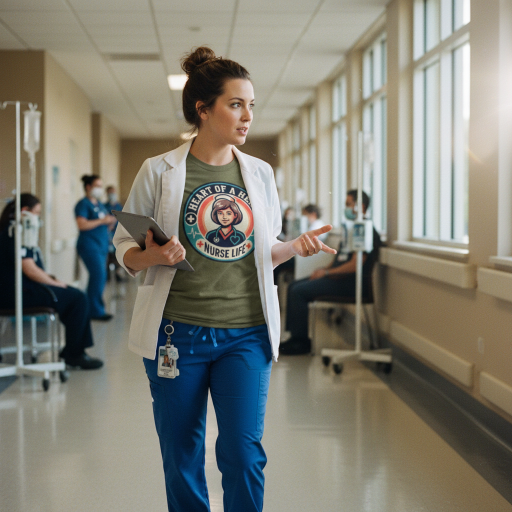 Nurse wearing your exact Heart of a Hero design walking with purpose