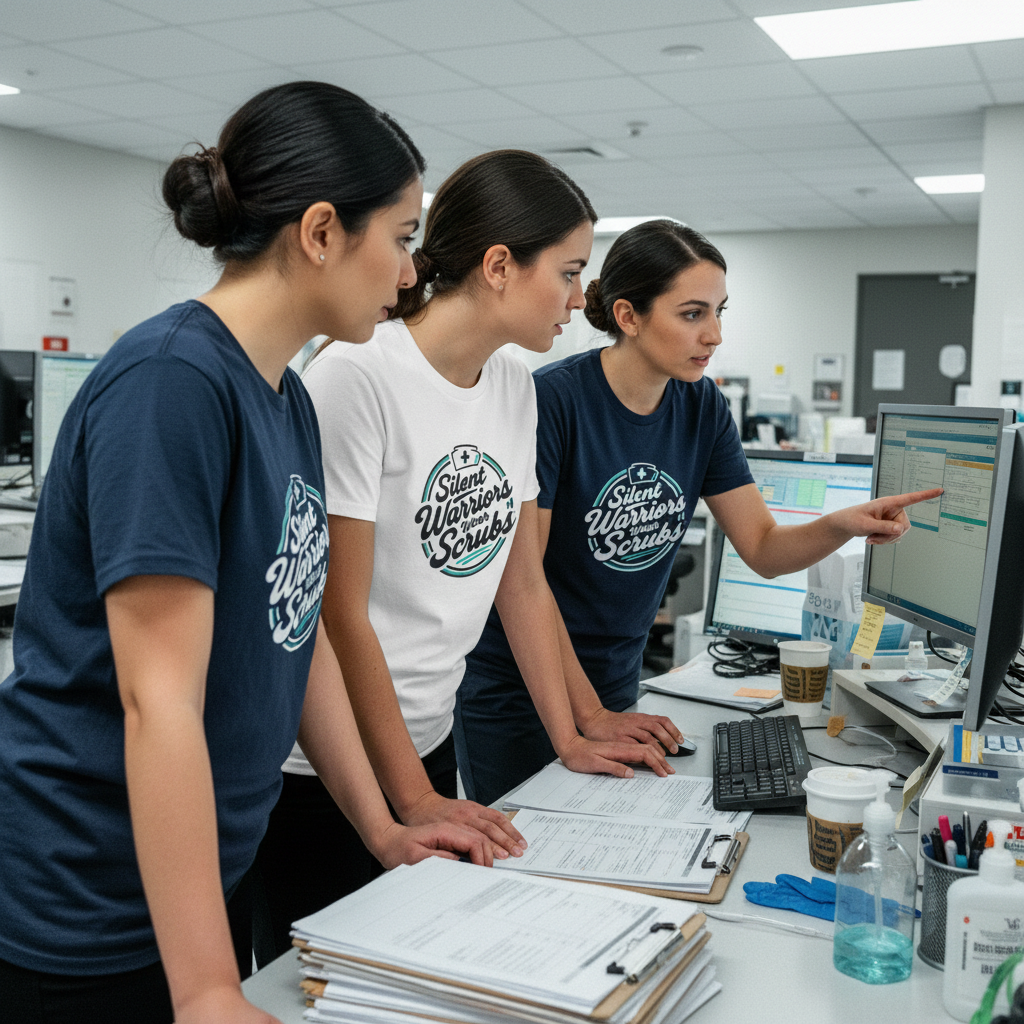 Nurses collaborating at computer station