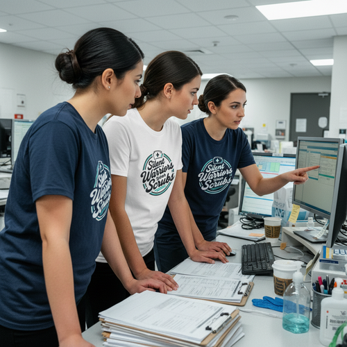 Nurses collaborating at computer station
