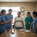 Nurses laughing together in break room about patience running low