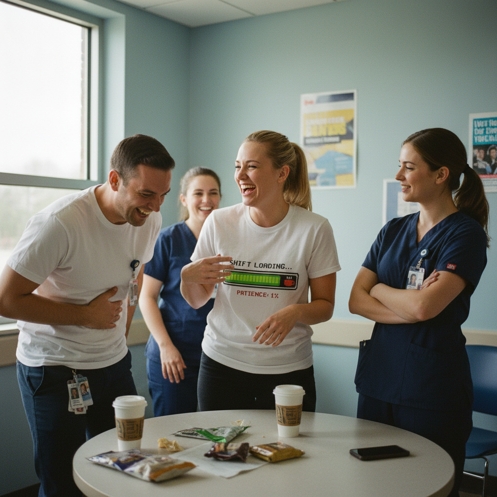 Nurses laughing together in break room
