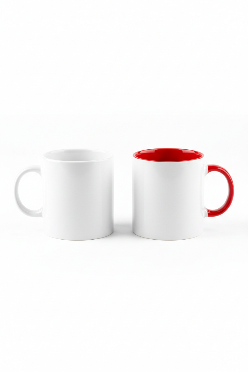 Professional ceramic mugs - white and red accent with matching handle