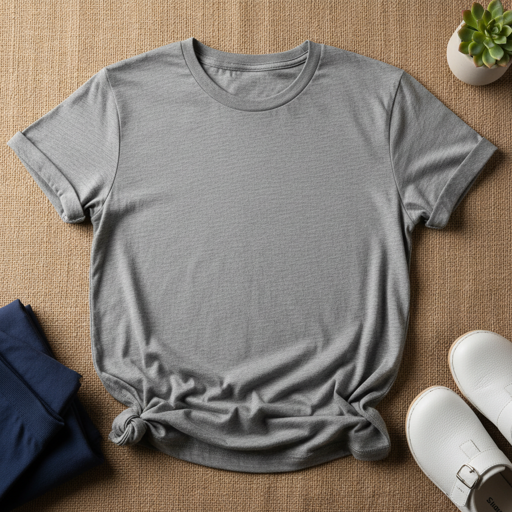 Professional flat lay heather grey t-shirt with post-shift relaxation props
