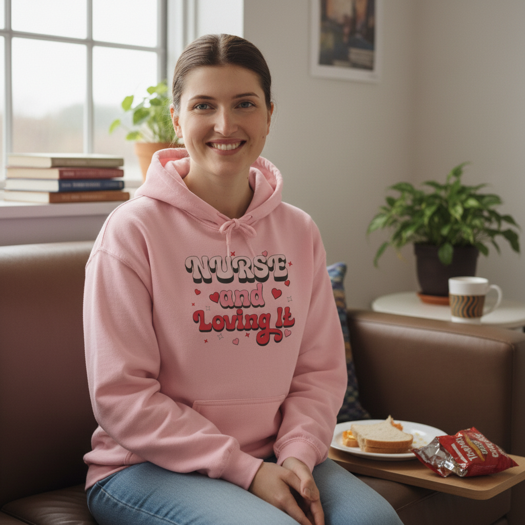 Real nurse in pink hoodie in break room with warm smile