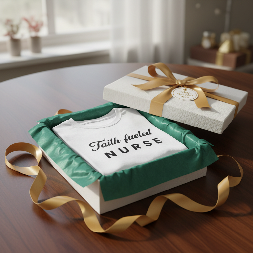 Shirt in elegant white box with emerald silk and gold ribbon