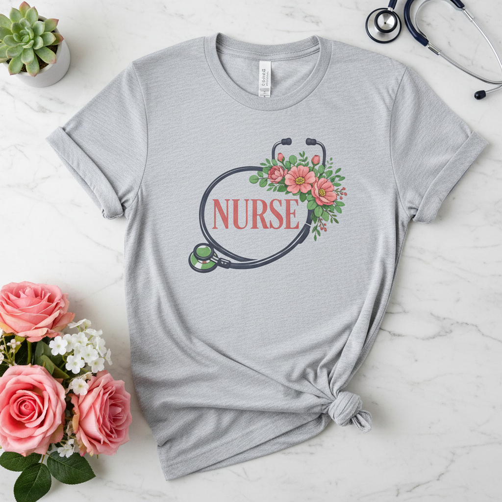 Sport grey floral tee on marble with pink flowers, stethoscope, succulent