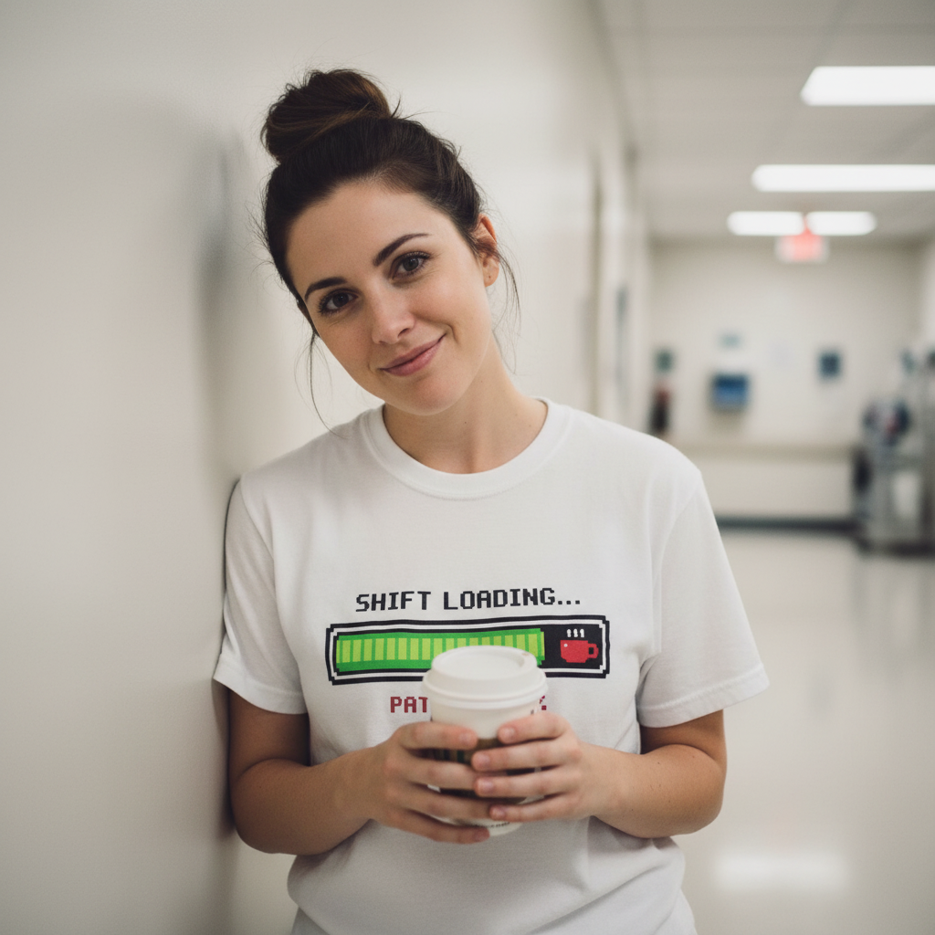 Tired nurse against wall with coffee, exhausted but amused expression