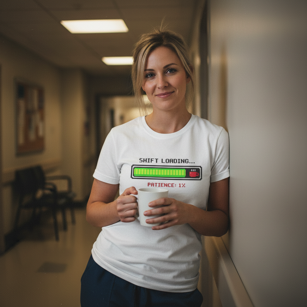 Tired nurse against wall with coffee, exhausted but amused