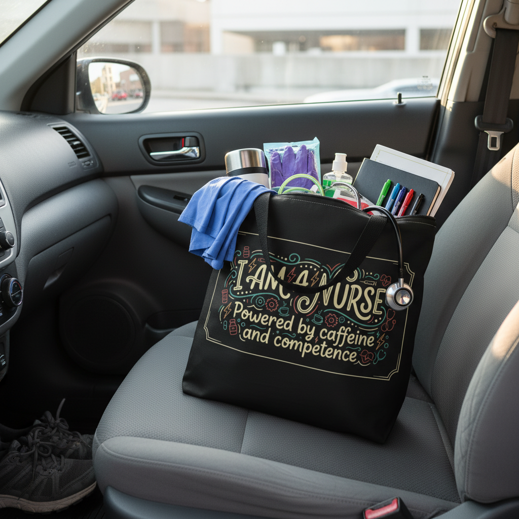Tote bag on car seat filled with nursing essentials