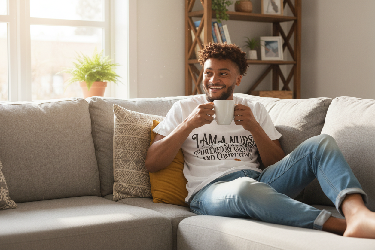 UGC-style nurse at home on couch with coffee, content smile