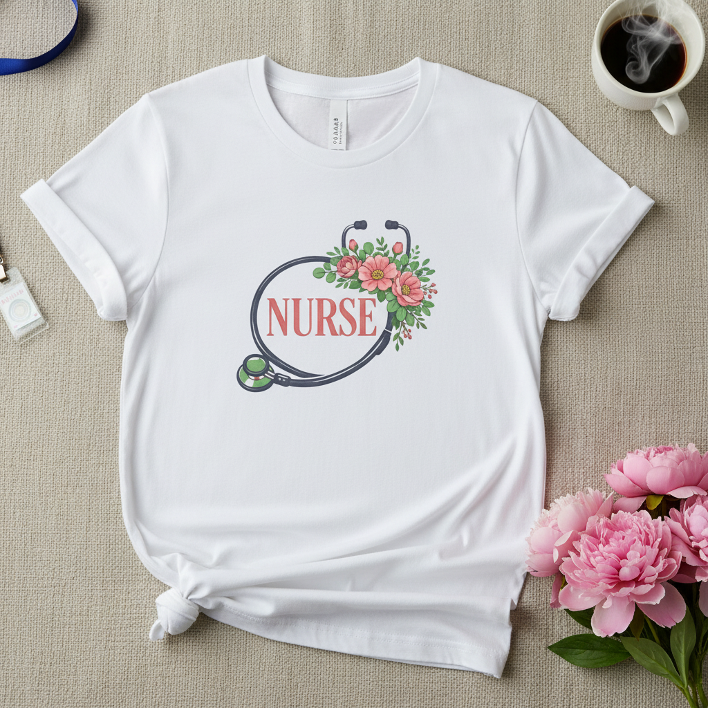 White floral tee on linen with flowers, badge, coffee