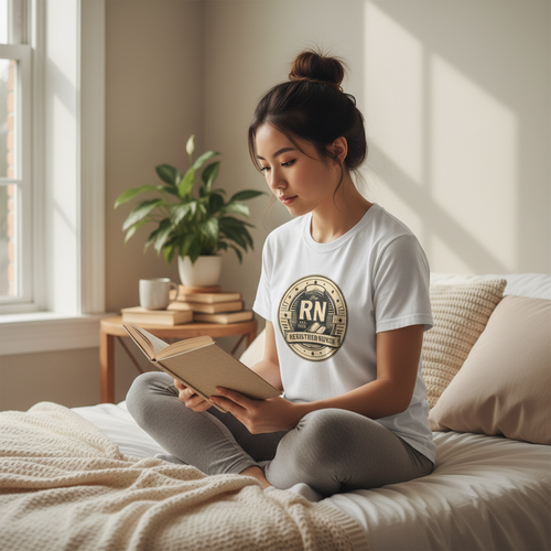 White RN Badge - reading in bed