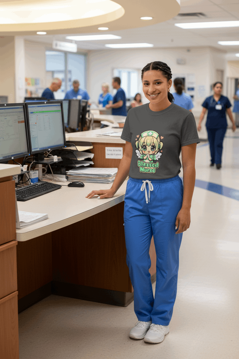 Young nurse wearing shirt at nurse station with smile